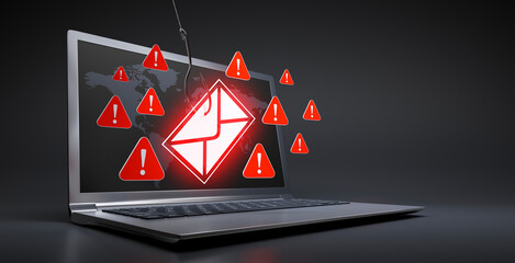 Fishing hook at mail symbol with warning signs floating over a computer laptop on black background