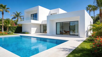 Fototapeta premium Modern white house with pool and garden