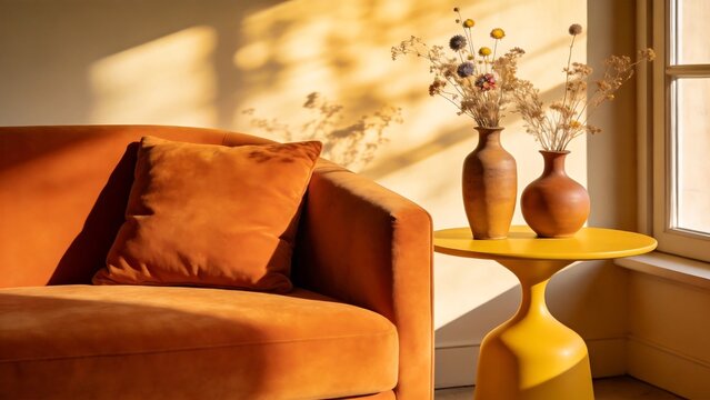 Orange sofa with vases and flowers