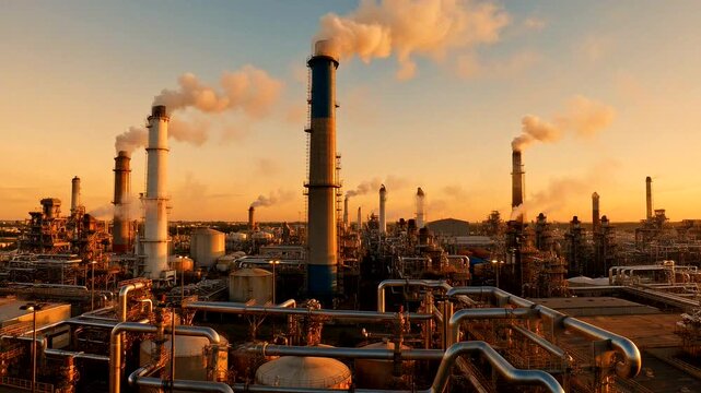 Complex industrial scene with smokestacks and pipes under a vibrant sunset sky, showcasing energy production.