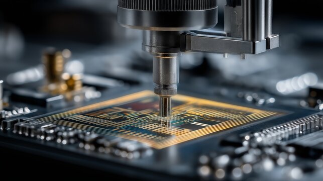 Precision tool working on microchip with gold conductive pathways and micro components under magnification. Semiconductor manufacturing concept showing circuit fabrication, testing process and advance