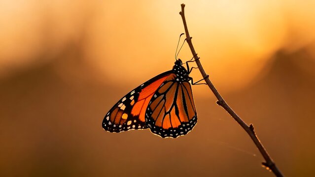 Butterfly perched on a twig at sunset