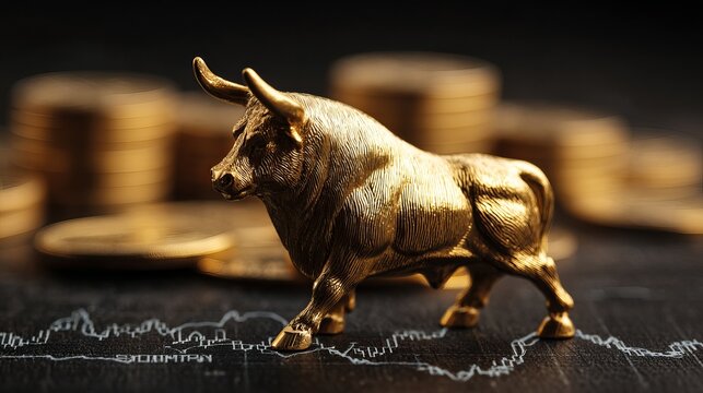 A golden bull figurine standing on a graph with coins in the background, symbolizing financial growth and market trends.