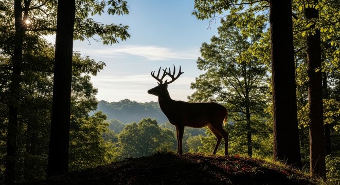 Majestic buck with impressive antlers silhouetted against dawn sky in lush forest landscape