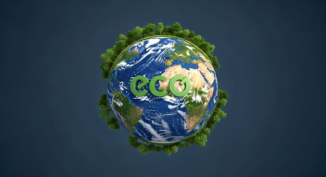 Globe encircled by trees with eco friendly concept against blue background