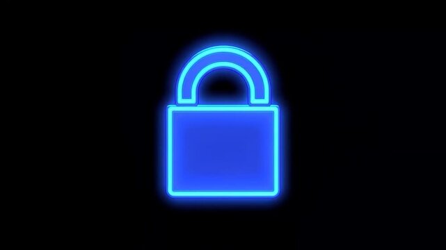 A glowing blue neon padlock on a black background with a white stripe below, symbolizing security and protection, possibly used for cybersecurity or technology concepts