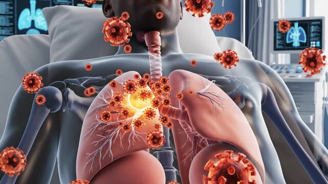 A patient with pneumonia or COVID-19 in a hospital, with a glowing lung and surrounded by virus particles