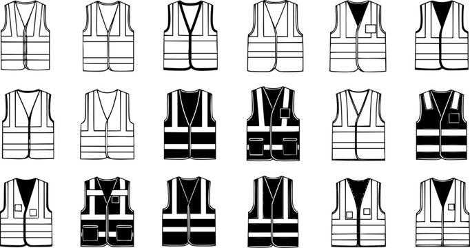 Set of safety vest icons, outlines and solid black silhouettes for high visibility workwear, protective gear, and industrial uniform designs.