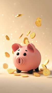Pink piggy bank standing on a surface with numerous gold coins falling into its slot and scattering around, representing financial literacy, budgeting, and prosperity
