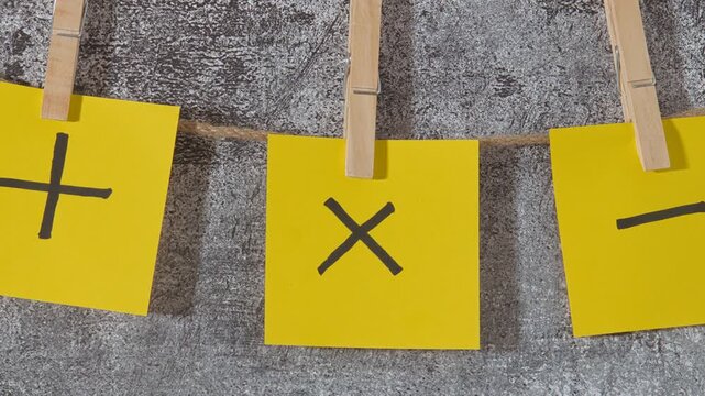 yellow sticky notes with plus and minus signs