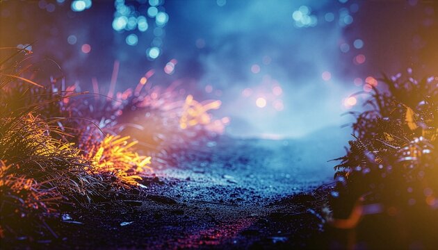 夜の森で幻想的に光るボケと植物のシネマティックな背景素材