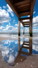 Fototapeta premium Waves crash gently on the sand as clouds reflect in the water during sunset at the beach with a wooden pier in view