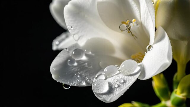 A delicate white freesia flower with water drops on its petals is illuminated by soft light against a deep black background.