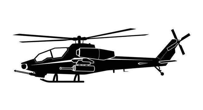 Black silhouette of a military attack helicopter with rotor blades and weaponry