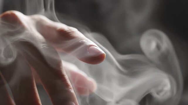 Human hand reaching through ethereal white smoke on dark background