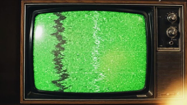 Retro TV screen with static and test pattern, displaying green screen, various colored bars, and signal loss, in a dark room