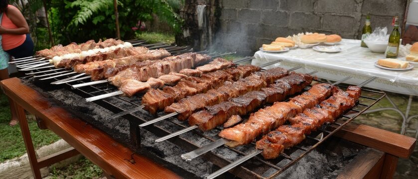 Asado grill with meat and chicharron on hot coals and griddle. Scene on stone floor in sunny weather with gray wall