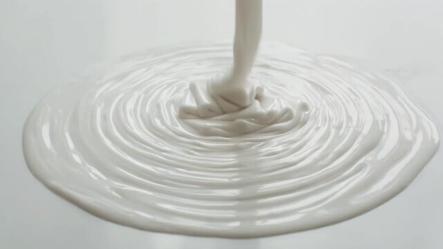 White liquid substance pouring and splashing on a plain white surface, creating ripples, with a grey background