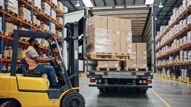 Warehouse worker operates forklift loading boxes onto truck in industrial storage facility