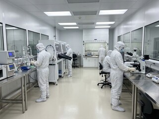 Obraz premium Cutting-edge nanotechnology laboratory with researchers in protective suits