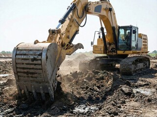 Fototapeta premium Excavator in action: soil remediation and industrial cleanup project for environmental restoration