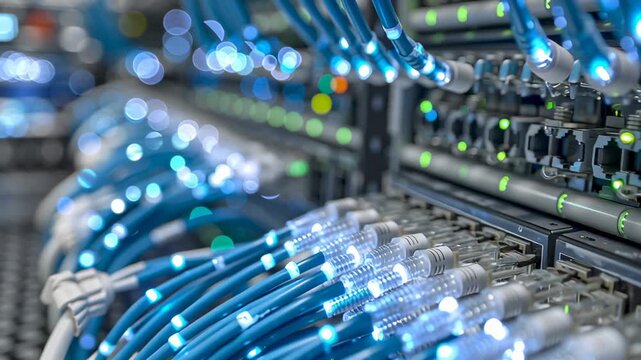 Blue network cables with glowing fiber optic ends connecting to server ports in a rack, symbolizing global communication, internet technology, and continuous data flow within cloud computing systems