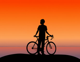 Obraz premium Silhouette of a person standing with a bicycle against a vibrant orange sunset sky, representing outdoor activities and freedom