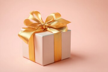 Obraz premium Close-up of a Gift Box With Golden Ribbon on a Pastel Background for a Birthday Celebration in High Resolution
