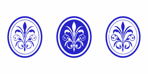 Three blue oval emblems featuring a stylized fleur de lis design © Achinta