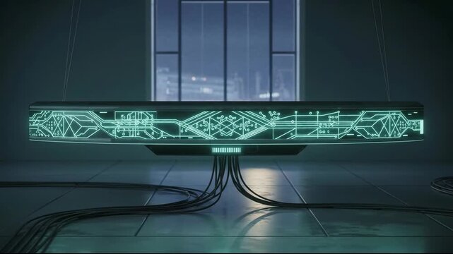 Futuristic Digital Display with Neon Circuitry and Data Flow in Modern Technology Environment.