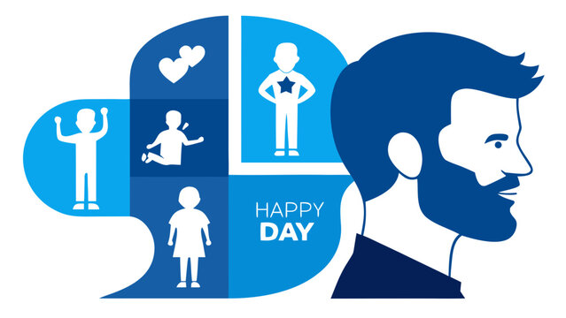 A profile view of a bearded man with a thought bubble containing icons representing a happy day