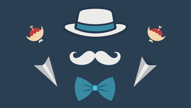 Graphic illustration featuring a classic fedora hat a white mustache and a blue bow tie accessory