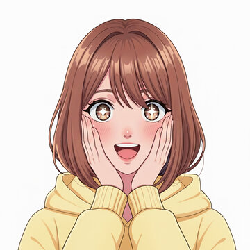 両手を頬に当てて目を輝かせ感動する若い女性のイラスト 期待 サプラ