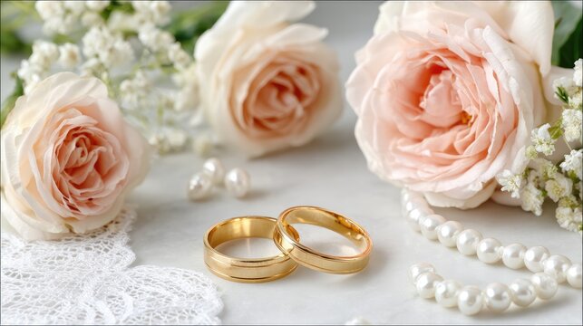 A flat lay shows two gold wedding rings surrounded by pink roses and pearls on white, forming a scene for love and unity