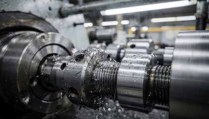 Fototapeta premium Medium shot showcasing thread rolling processes where metal rods are finely threaded by highspeed rolling machines under factory lighting.