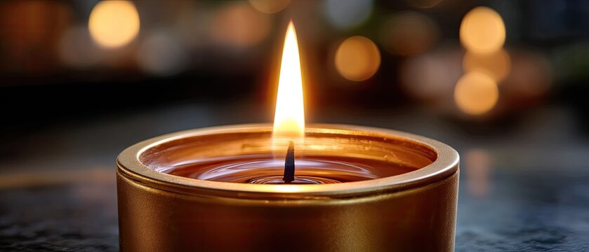 A burning candle with a yellow flame stands out against a blurred background, creating an inviting atmosphere for celebration or reflection