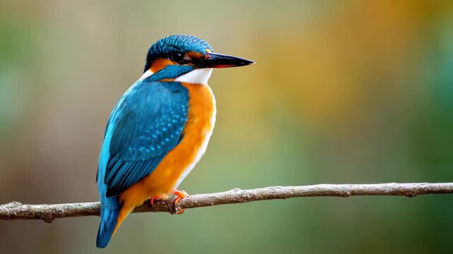 Kingfisher perched on branch turning head toward camera in soft bokeh background 60 FPS