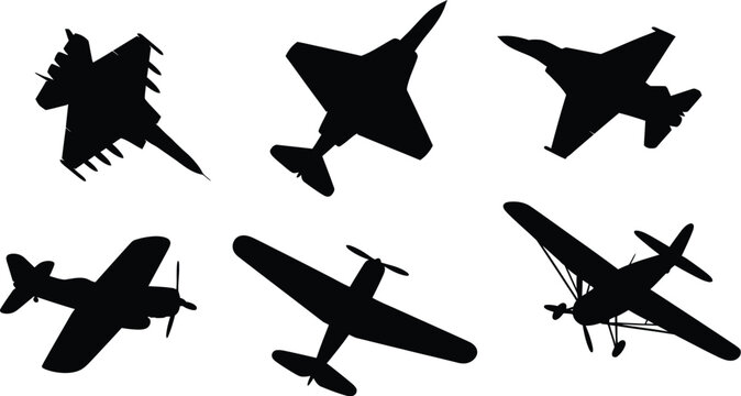 Collection of six military and vintage aircraft silhouettes, black vector icons of fighter jets and propeller planes isolated on white background.