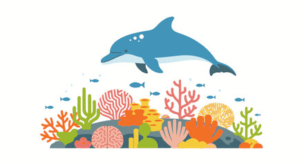Fototapeta premium Dolphin swimming over coral reef.