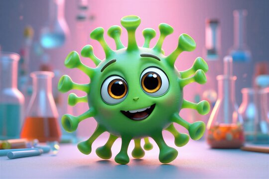 A cheerful green cartoon virus character with a friendly smile, set in a laboratory environment