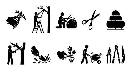 Obraz premium Silhouette icons depict various gardening activities like pruning trees, trimming bushes, and planting flowers with tools such as pruners, saws, and wheelbarrows.