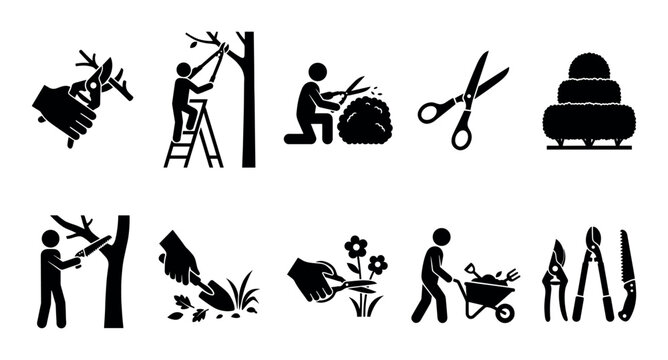 Silhouette icons depict various gardening activities like pruning trees, trimming bushes, and planting flowers with tools such as pruners, saws, and wheelbarrows.