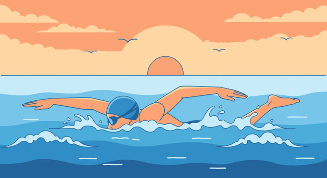 swimmer in blue cap swimming freestyle.