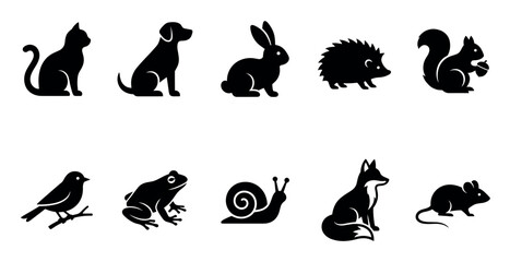 Obraz premium A collection of diverse animal silhouettes including a cat, dog, rabbit, hedgehog, squirrel, bird, frog, snail, fox, and mouse, presented in a clean black and white graphic style.