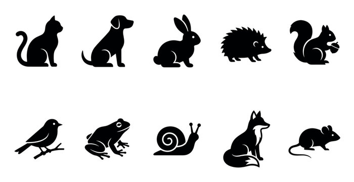 A collection of diverse animal silhouettes including a cat, dog, rabbit, hedgehog, squirrel, bird, frog, snail, fox, and mouse, presented in a clean black and white graphic style.
