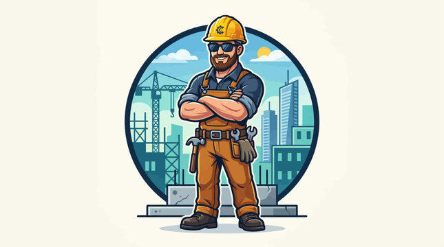 Confident Construction Worker with Helmet Vector Illustration