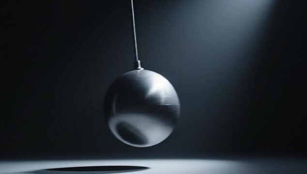 A polished metal pendulum swings with unwavering rhythm in a dramatic spotlight