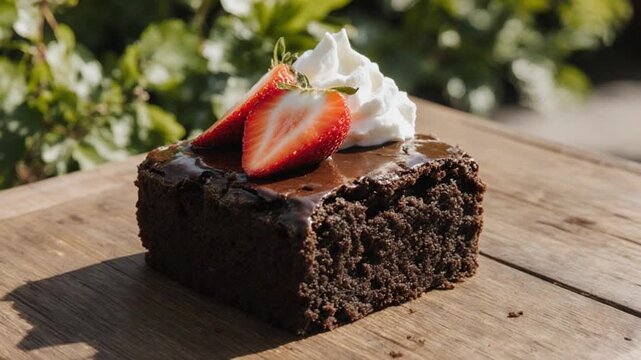 Chocolate brownie with strawberries and whipped cream on a rustic wooden table outdoors