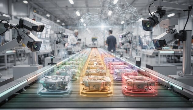 Precision inline inspection with multiple cameras and AI algorithms flagging defects including dents and shortshots on production components ensuring quality control with minimal