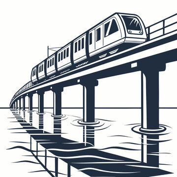 Monorail train traveling on elevated tracks over water